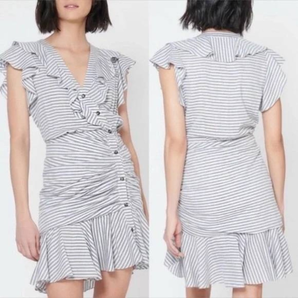 Veronica Beard Kai‎ Striped Ruffle Button Dress White Navy Blue 10